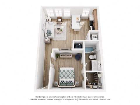 Floor plan for studio, 1 bath, 688 sqft